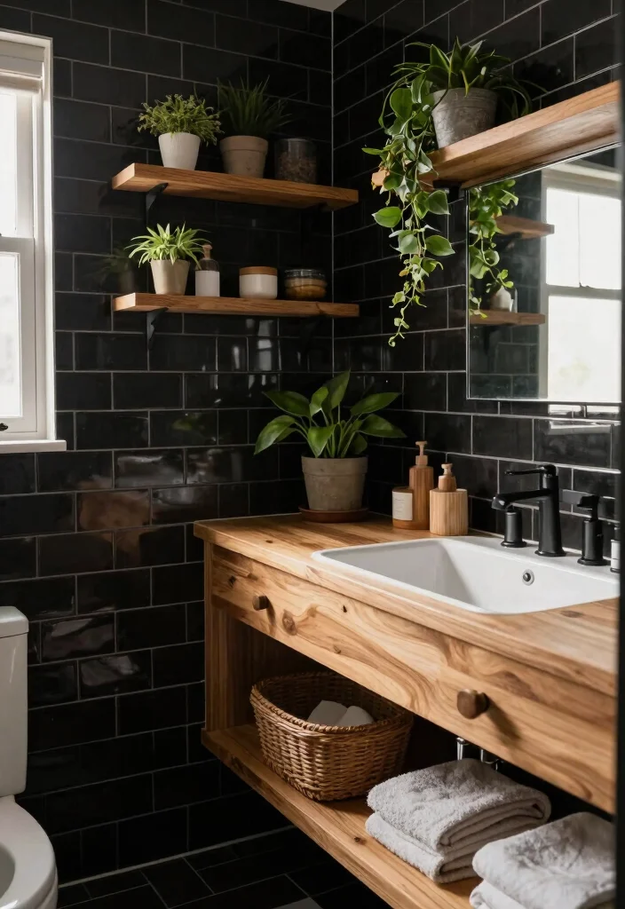 16 Black Subway Tile Bathroom Ideas For Bold Contrast - 6. Black Subway Tiles with Wood Accents 1