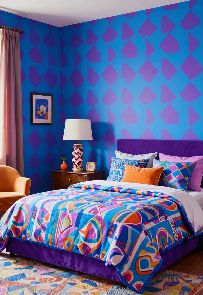16 Blue and Purple Bedroom Ideas: Dreamy Color Blend - 11. Retro Funky Flair 1