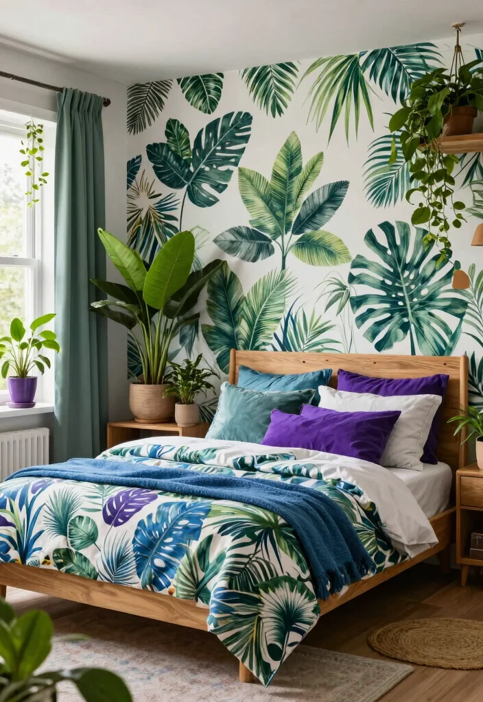 16 Blue and Purple Bedroom Ideas: Dreamy Color Blend - 15. Lush Botanical Escape 1