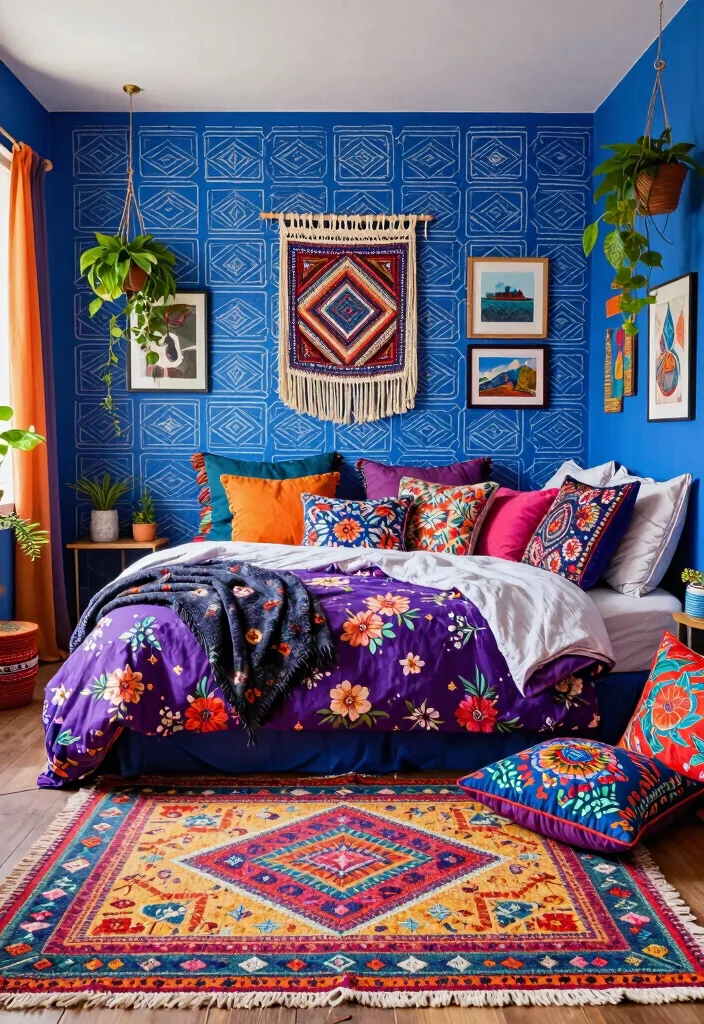 16 Blue and Purple Bedroom Ideas: Dreamy Color Blend - 3. Artistic Bohemian Touch 1