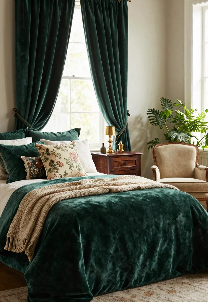 16 Dark Green Moody Bedroom Ideas: Rich, Cozy Drama - 1. Lush Velvet Textiles 1