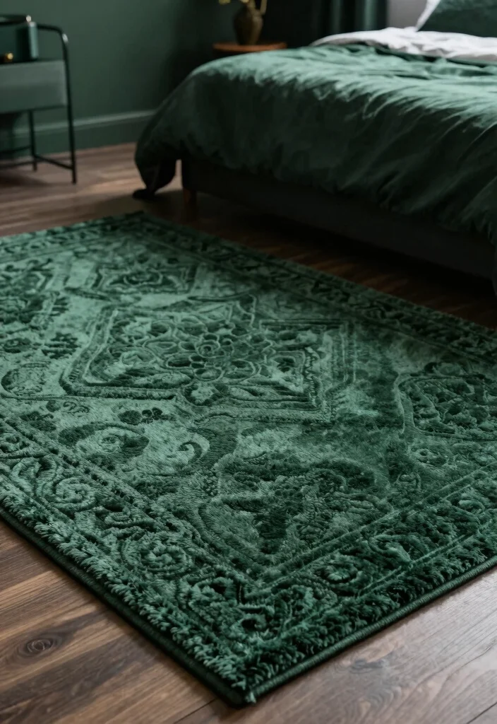 16 Dark Green Moody Bedroom Ideas: Rich, Cozy Drama - 13. Elegant Rugs 1