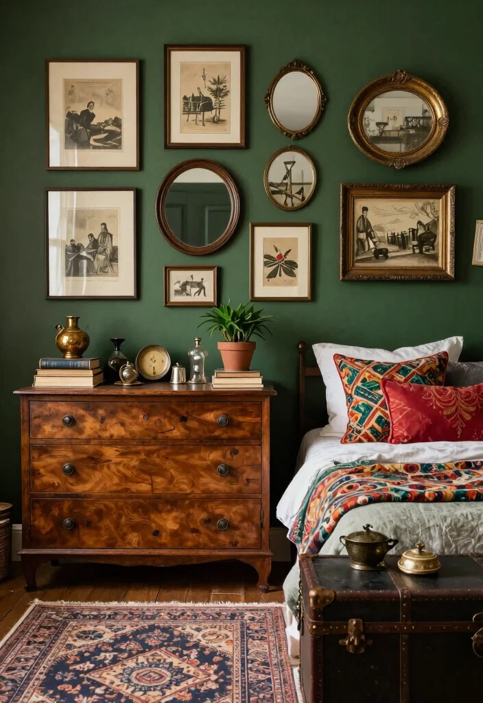 16 Dark Green Moody Bedroom Ideas: Rich, Cozy Drama - 2. Vintage Eclectic Accents 1