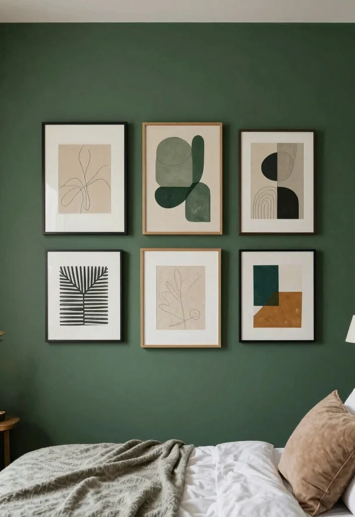 16 Dark Green Moody Bedroom Ideas: Rich, Cozy Drama - 9. Sophisticated Art Displays 1