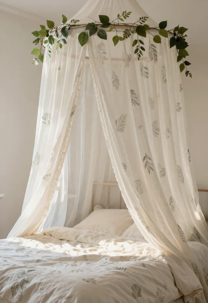 16 Hanging Leaves Decor Bedroom Ideas: Whimsical Natural Touch - 15. Leaf Accented Bed Canopy 1