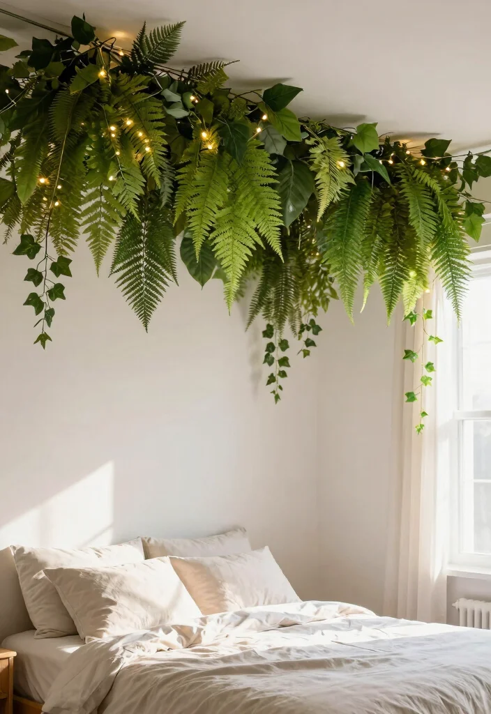 16 Hanging Leaves Decor Bedroom Ideas: Whimsical Natural Touch - 6. Leafy Ceiling Garland 1