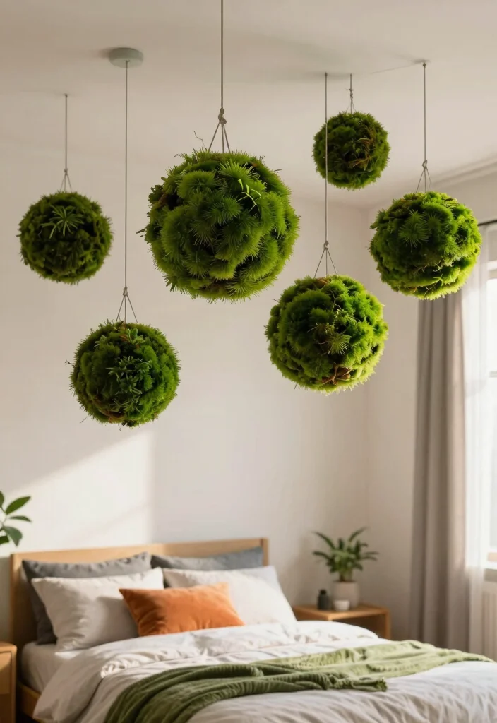 16 Hanging Leaves Decor Bedroom Ideas: Whimsical Natural Touch - 9. Hanging Moss Ball Planters 1