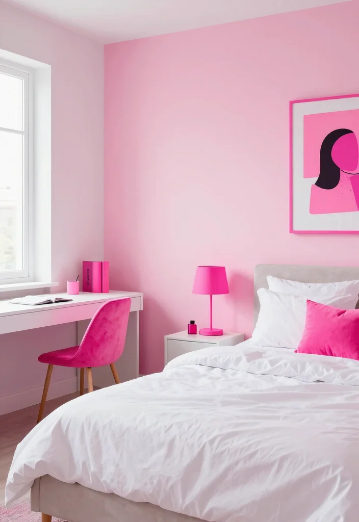 16 Pink Accent Wall Bedroom Ideas: Soft Bold Charm - 10. Soft Neon Edge 1