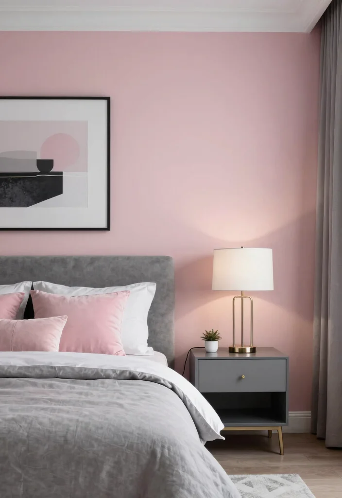 16 Pink Accent Wall Bedroom Ideas: Soft Bold Charm - 13. Pink and Gray Elegance 1