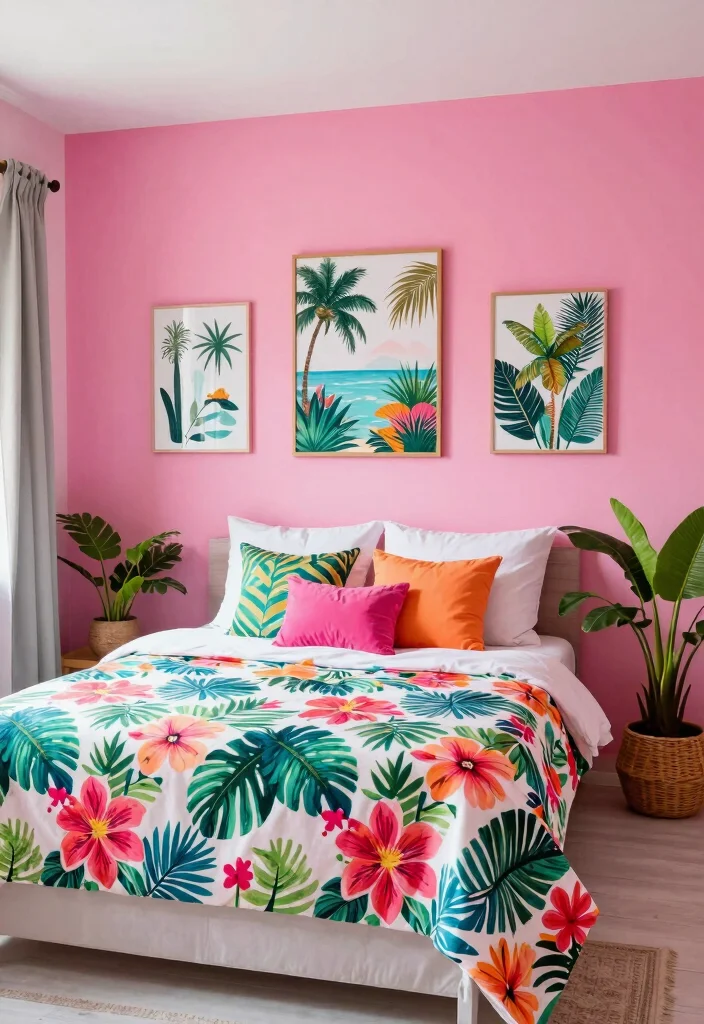 16 Pink Accent Wall Bedroom Ideas: Soft Bold Charm - 14. Tropical Pink Paradise 1