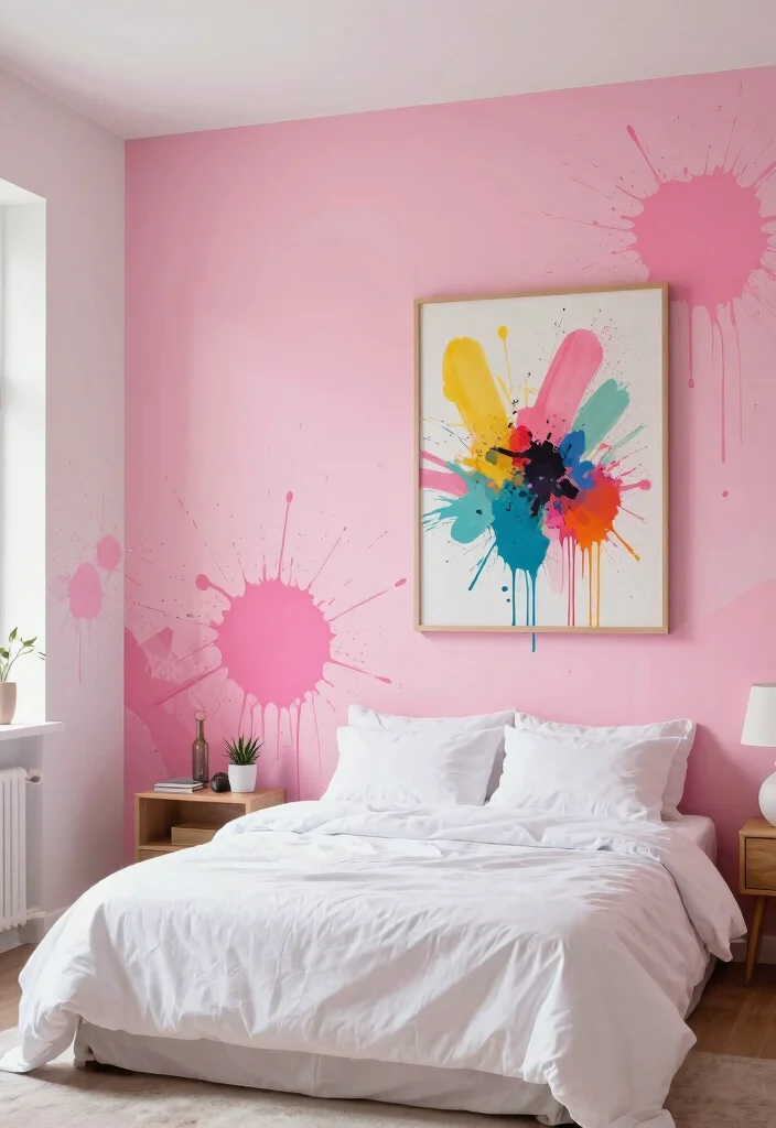16 Pink Accent Wall Bedroom Ideas: Soft Bold Charm - 15. Artistic Pink Touch 1