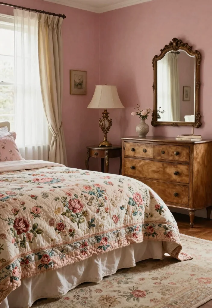 16 Pink Accent Wall Bedroom Ideas: Soft Bold Charm - 4. Vintage Rose Retreat 1