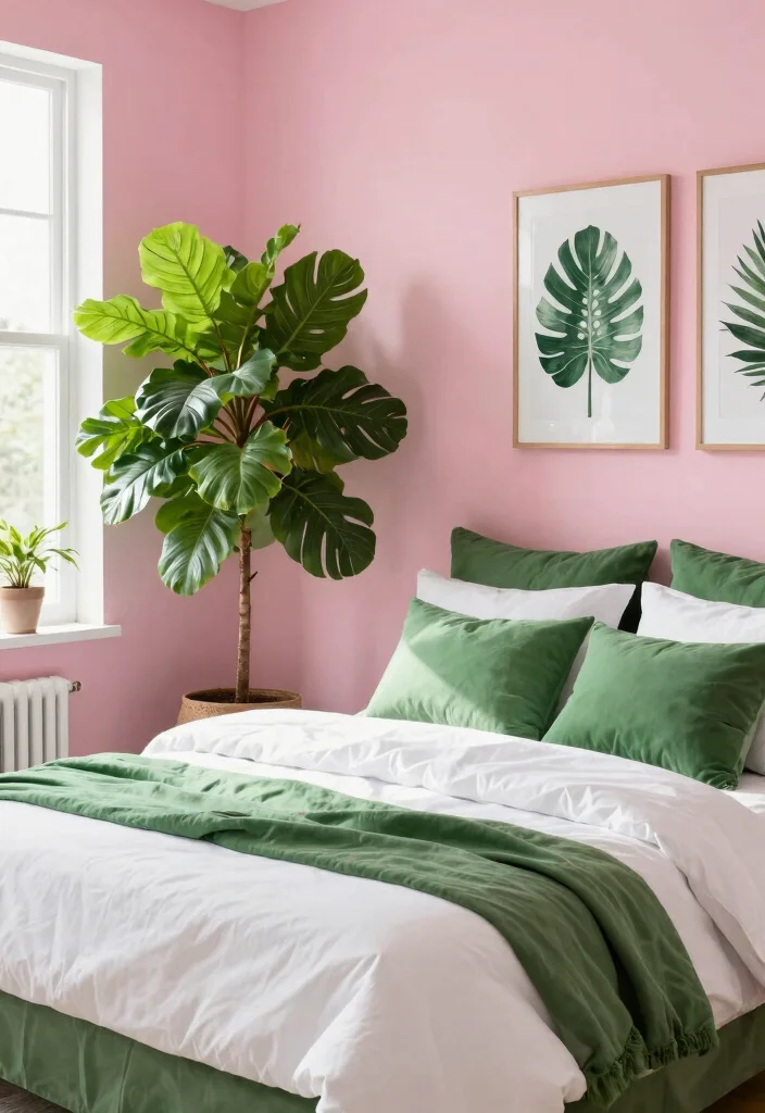 16 Pink Accent Wall Bedroom Ideas: Soft Bold Charm - 7. Pink and Green Harmony 1
