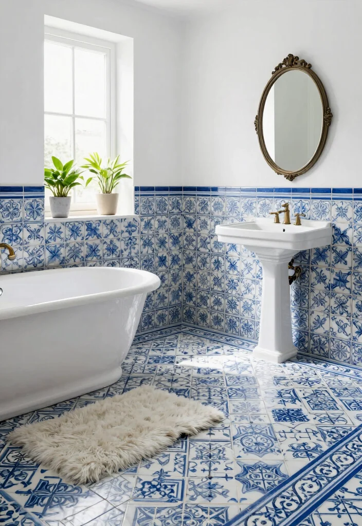 16 Portuguese Tile Bathroom Ideas With Artistic Style - 1. Elegant Blue and White Patterns 1