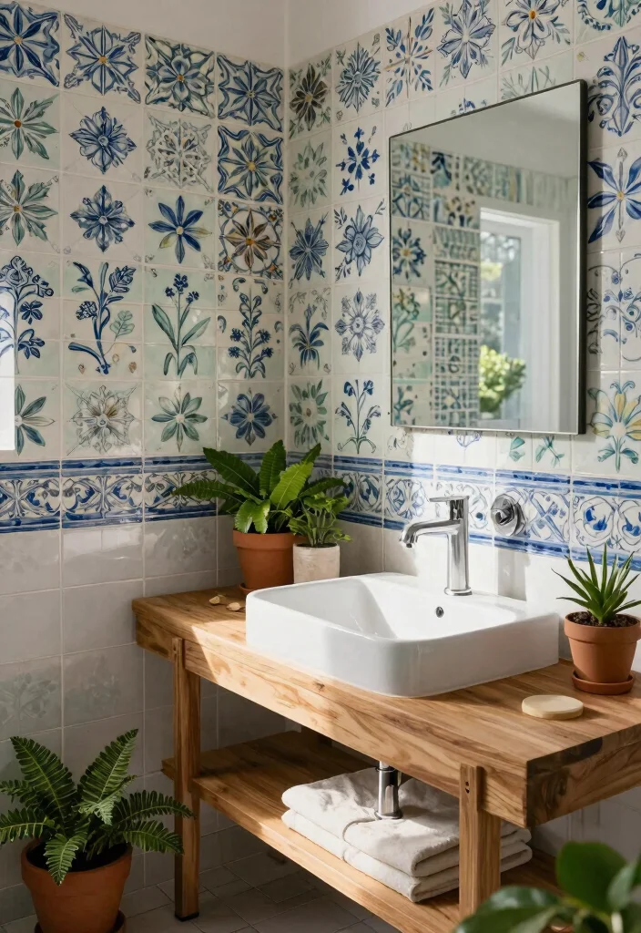 16 Portuguese Tile Bathroom Ideas With Artistic Style - 12. Outdoor-Inspired Tile Patterns 1