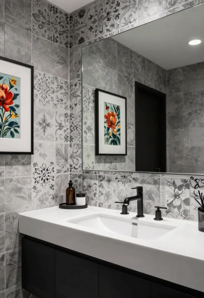 16 Portuguese Tile Bathroom Ideas With Artistic Style - 13. Contemporary Monochrome Looks 1