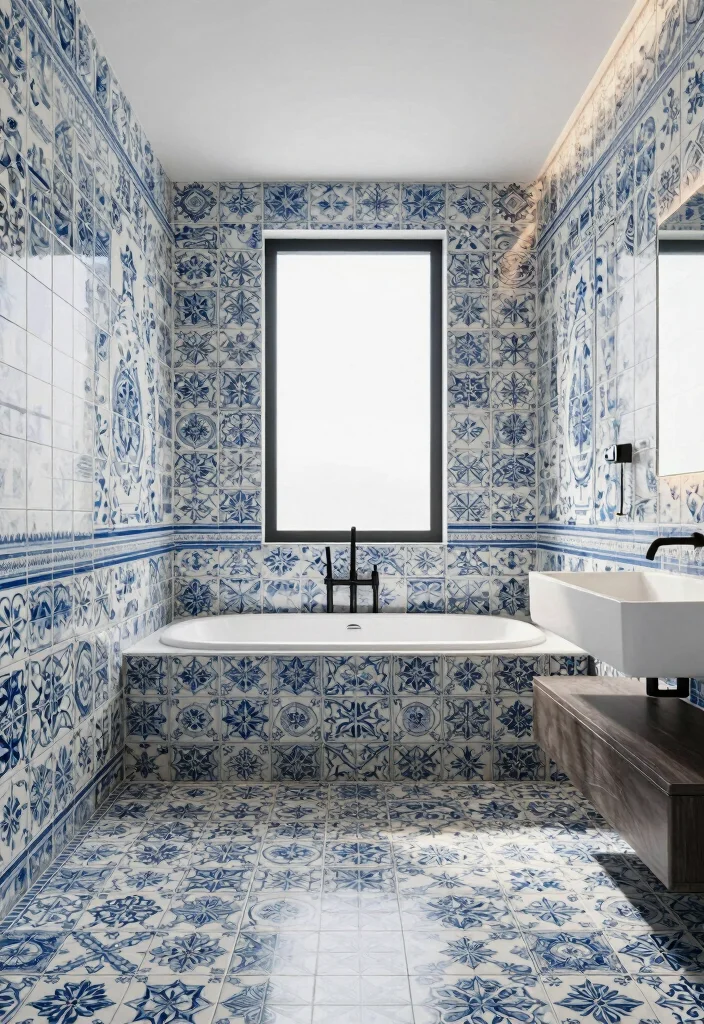 16 Portuguese Tile Bathroom Ideas With Artistic Style - 9. Floor-to-Ceiling Tile Installations 1