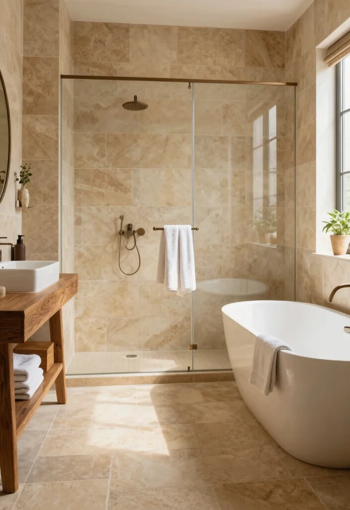 16 Stone Tile Bathroom Ideas With Natural Texture - 11. Warm Sandstone 1