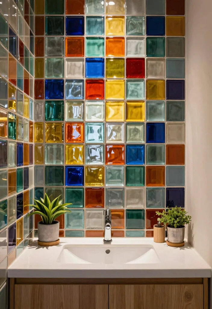16 Stone Tile Bathroom Ideas With Natural Texture - 15. Artistic Glass Tiles 1