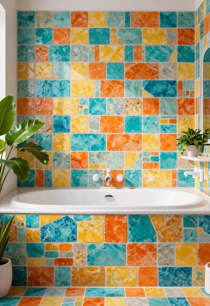 16 Stone Tile Bathroom Ideas With Natural Texture - 16. Bold Colorful Tiles 1