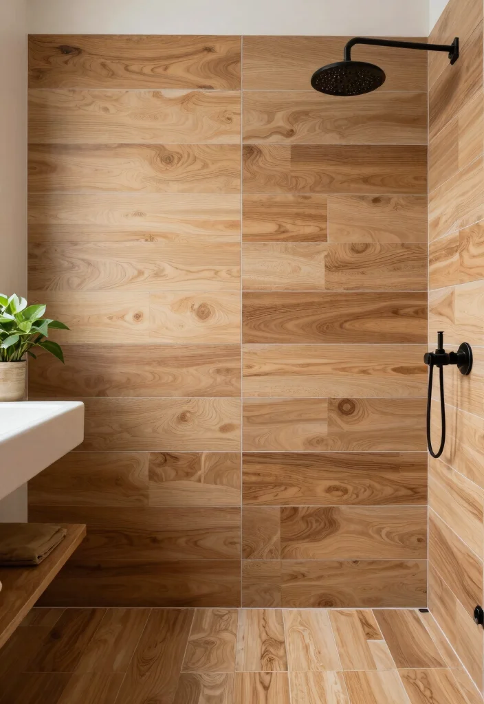17 Bathroom Tile Paint Before And After Ideas That Transform - 14. Wood-Look Tile Paint for a Natural Feel 1