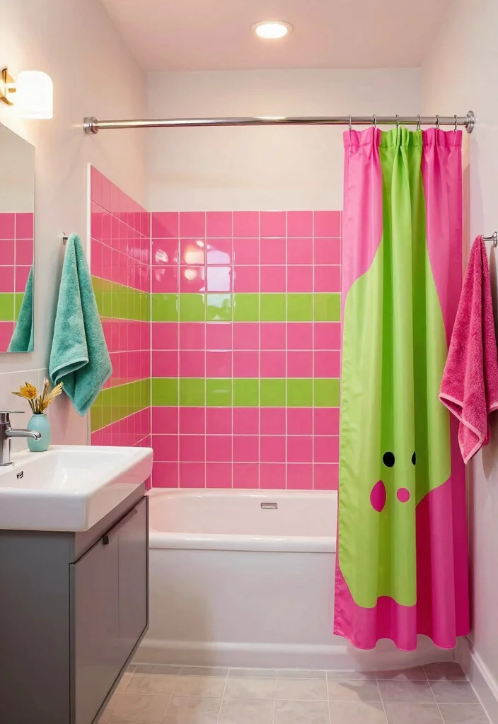 17 Bathroom Tile Paint Before And After Ideas That Transform - 8. Bright Neon Accents for an Energetic Vibe 1