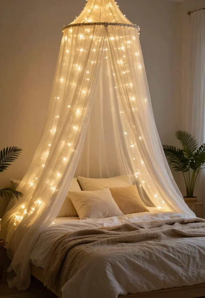 17 Bedroom Fairy Light Ideas for a Cozy Magical Glow - 1. Twinkling Canopy 1