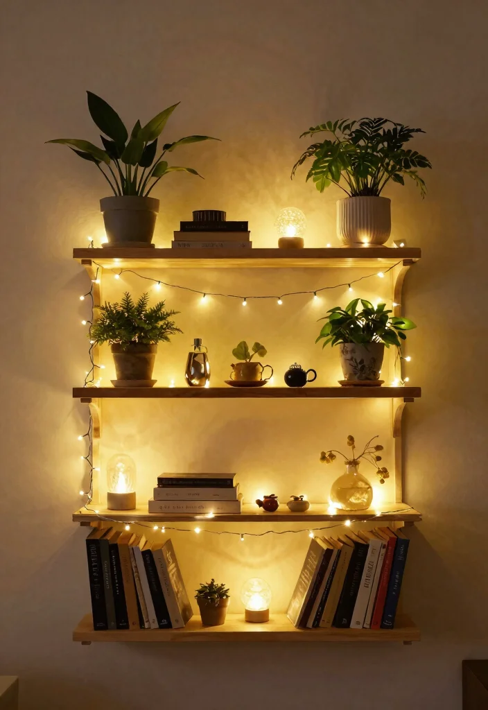 17 Bedroom Fairy Light Ideas for a Cozy Magical Glow - 10. Fairy Light Shelf Display 1