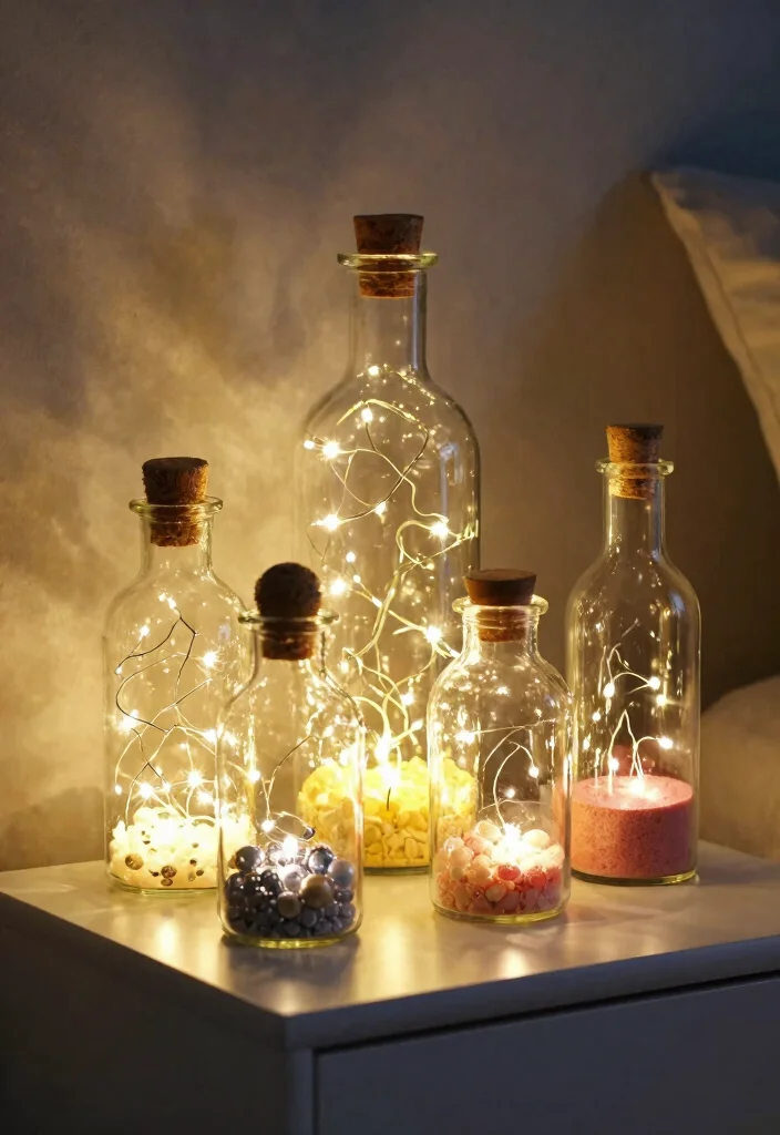 17 Bedroom Fairy Light Ideas for a Cozy Magical Glow - 11. Bedside Fairy Light Bottles 1