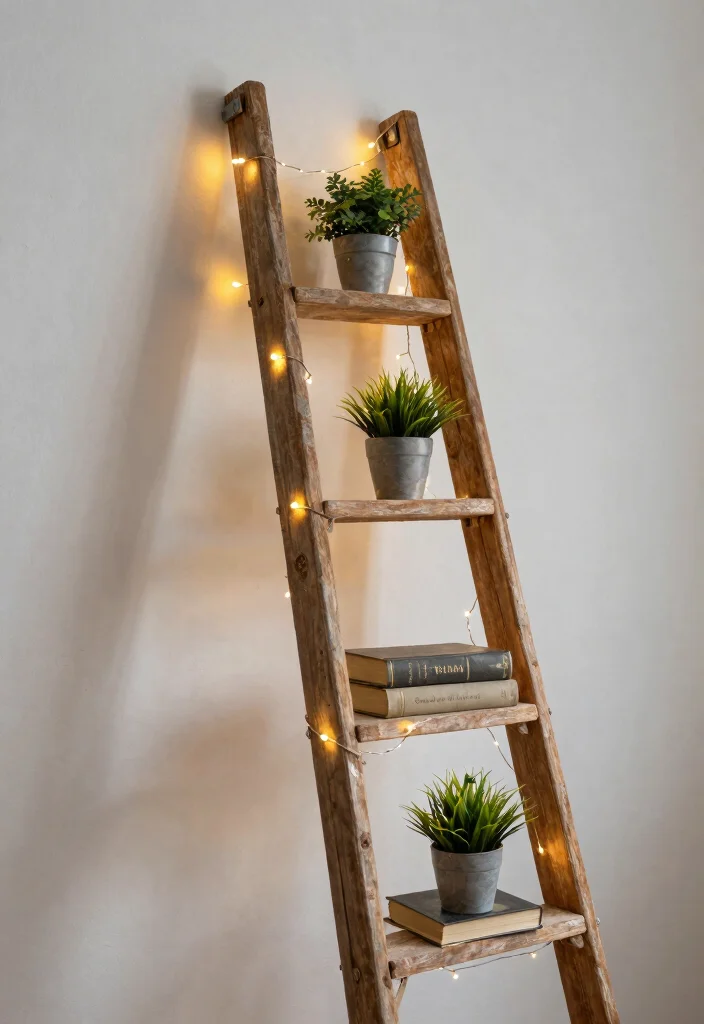 17 Bedroom Fairy Light Ideas for a Cozy Magical Glow - 7. Ladder Decor with Lights 1