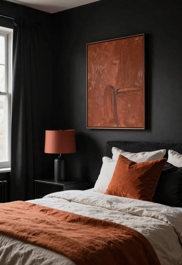 17 Black and Rust Bedroom Ideas: Bold Warm Contrast - 1. Dramatic Black Accent Wall 1