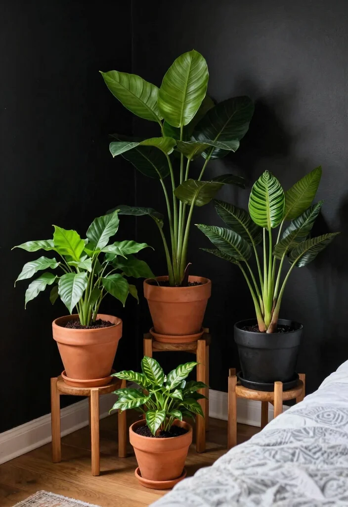 17 Black and Rust Bedroom Ideas: Bold Warm Contrast - 10. Plants for Added Warmth 1