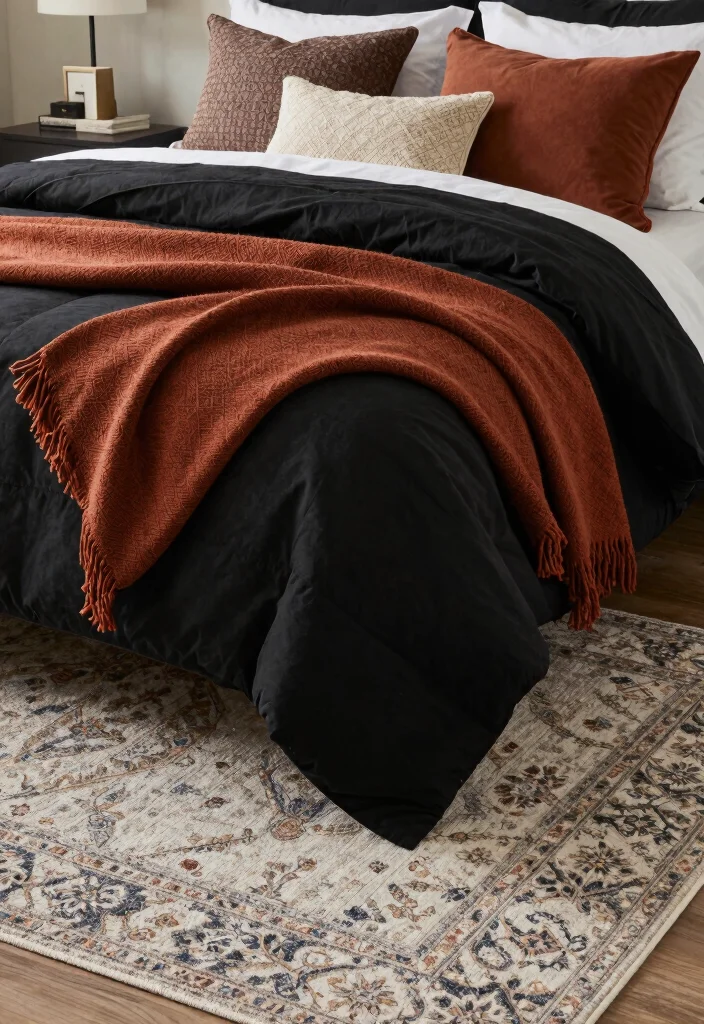 17 Black and Rust Bedroom Ideas: Bold Warm Contrast - 11. Layered Textiles 1