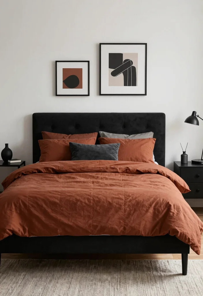 17 Black and Rust Bedroom Ideas: Bold Warm Contrast - 14. Balanced Color Distribution 1