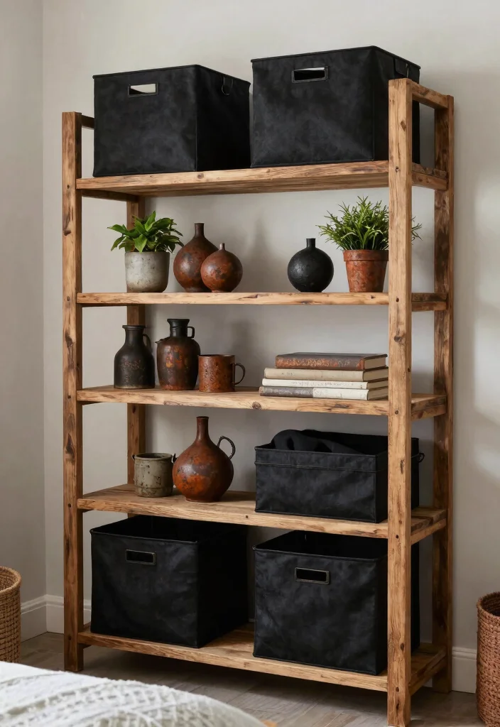 17 Black and Rust Bedroom Ideas: Bold Warm Contrast - 15. Rustic Shelving with Black Accents 1