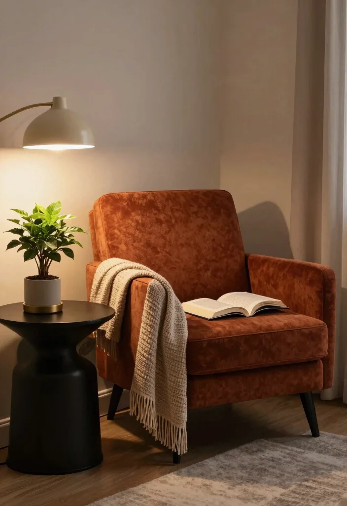 17 Black and Rust Bedroom Ideas: Bold Warm Contrast - 16. Cozy Reading Nook 1