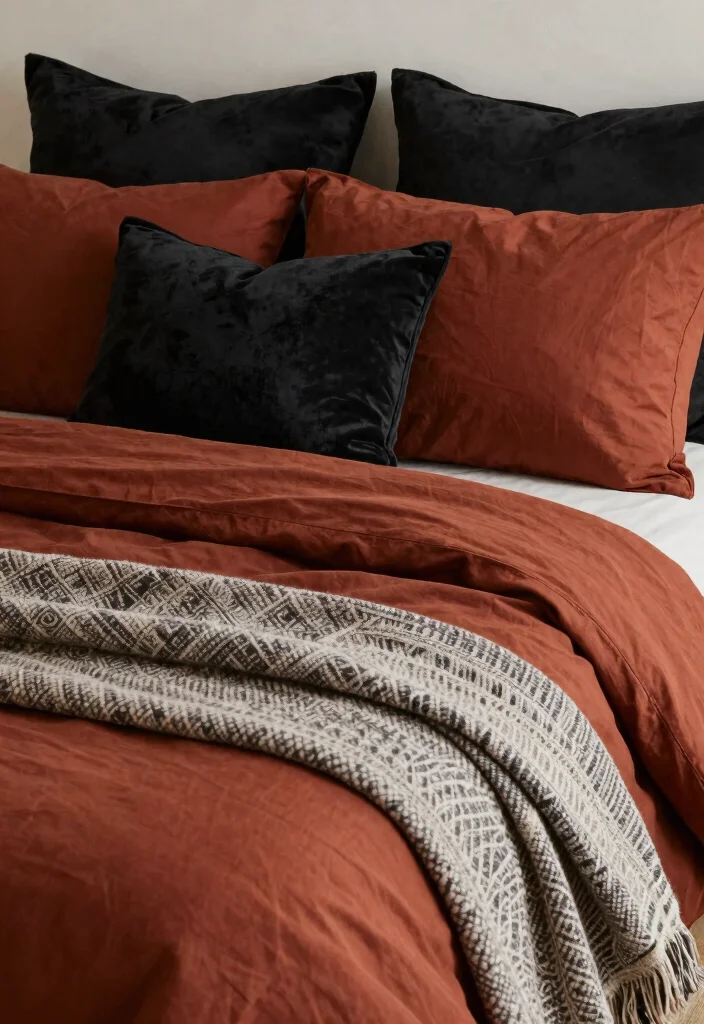17 Black and Rust Bedroom Ideas: Bold Warm Contrast - 2. Rust Bedspread with Black Pillows 1