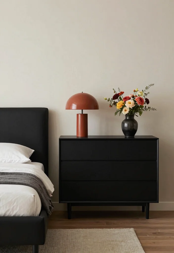 17 Black and Rust Bedroom Ideas: Bold Warm Contrast - 3. Black Furniture with Rust Accents 1