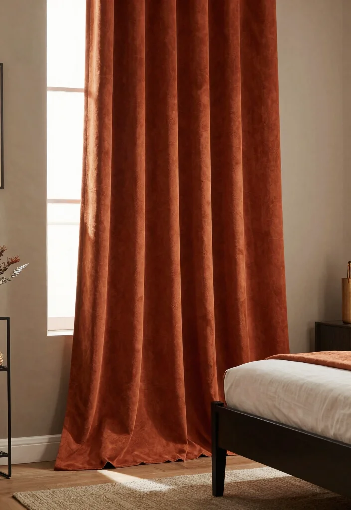 17 Black and Rust Bedroom Ideas: Bold Warm Contrast - 4. Textured Rust Curtains 1