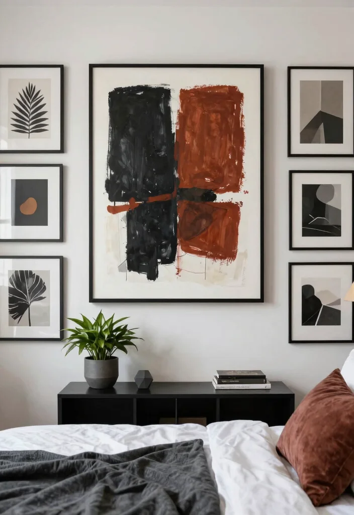 17 Black and Rust Bedroom Ideas: Bold Warm Contrast - 5. Bold Artwork Integration 1