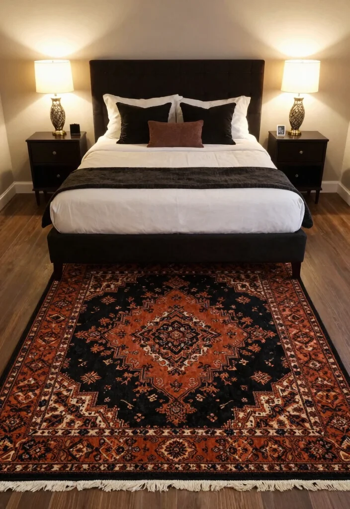 17 Black and Rust Bedroom Ideas: Bold Warm Contrast - 6. Decorative Black and Rust Rugs 1