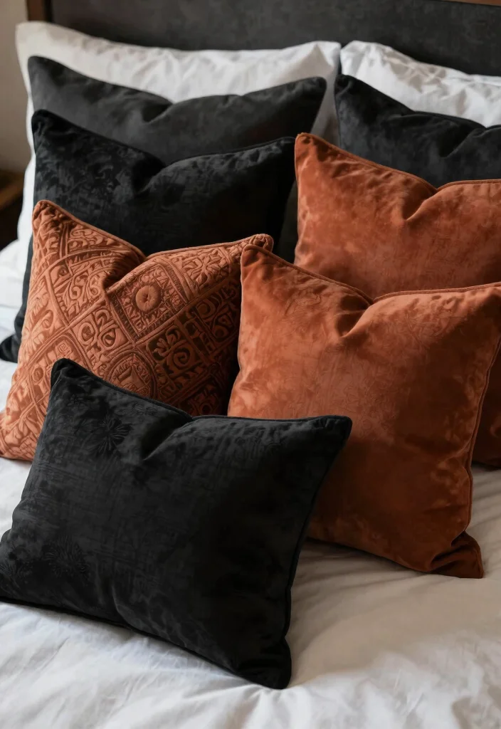 17 Black and Rust Bedroom Ideas: Bold Warm Contrast - 8. Black and Rust Throw Pillows 1