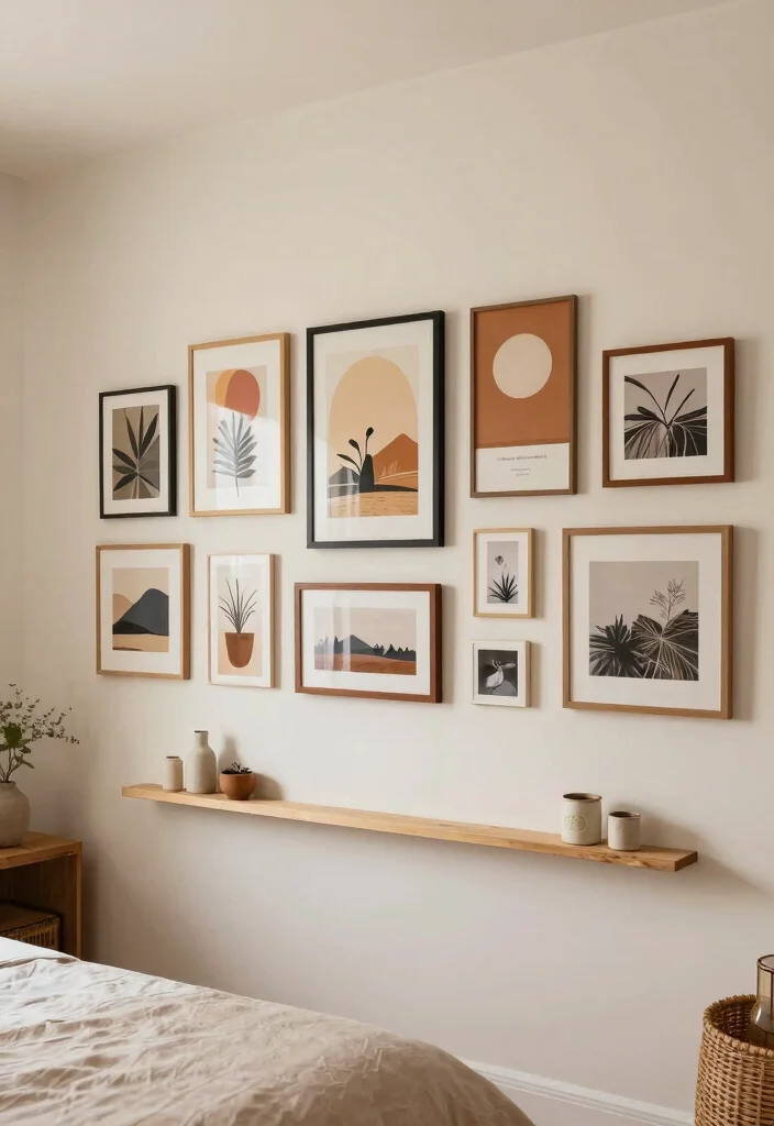 17 Bohemian-Inspired Gallery Wall Ideas for Your Bedroom - 14. Horizontal Arrangements 1
