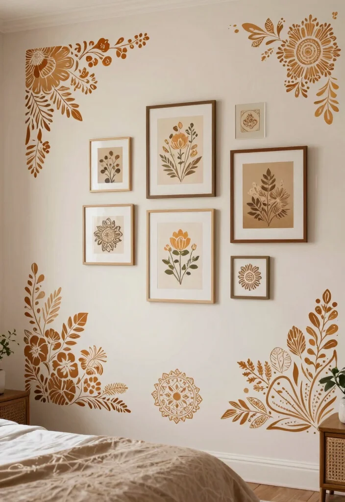 17 Bohemian-Inspired Gallery Wall Ideas for Your Bedroom - 8. Wall Stencils 1