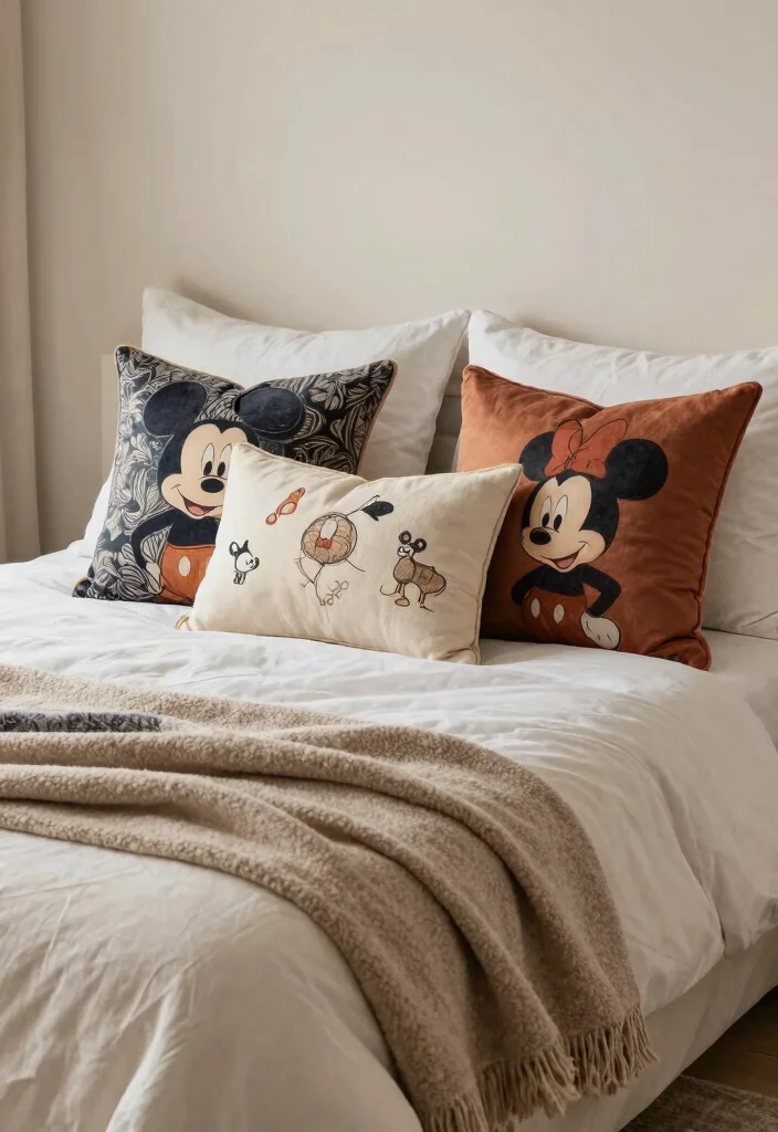 17 Disney Bedroom Ideas for Adults Nostalgic Chic Style - 9. Character-Inspired Throw Pillows 1