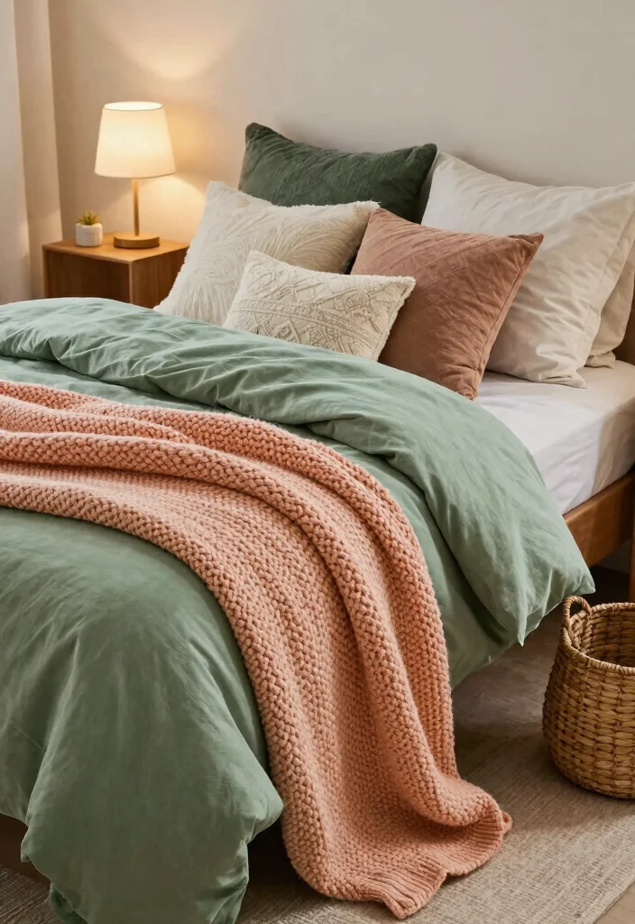 17 Peach and Green Bedroom Ideas Fresh Warm Balance - 4. Layering Textures 1