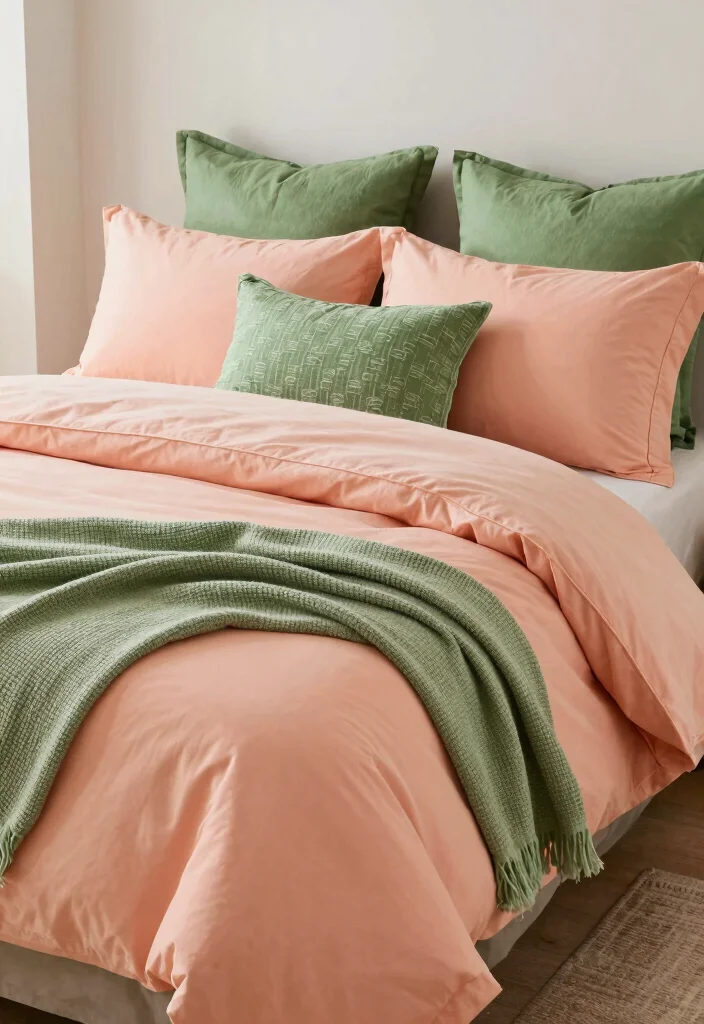 17 Peach and Green Bedroom Ideas Fresh Warm Balance - 8. Statement Bedding 1