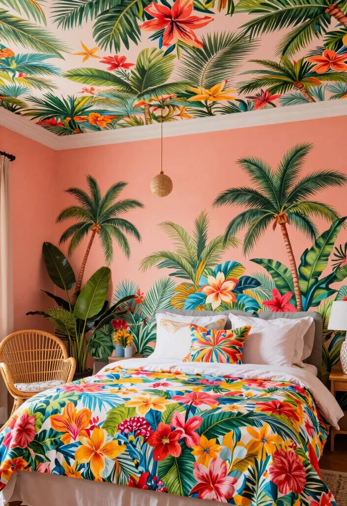 17 Wallpaper on Ceiling Bedroom Ideas: Bold Design Statement - 10. Tropical Paradise 1