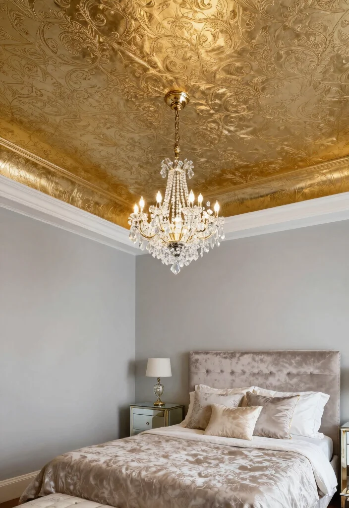 17 Wallpaper on Ceiling Bedroom Ideas: Bold Design Statement - 11. Metallic Glam 1