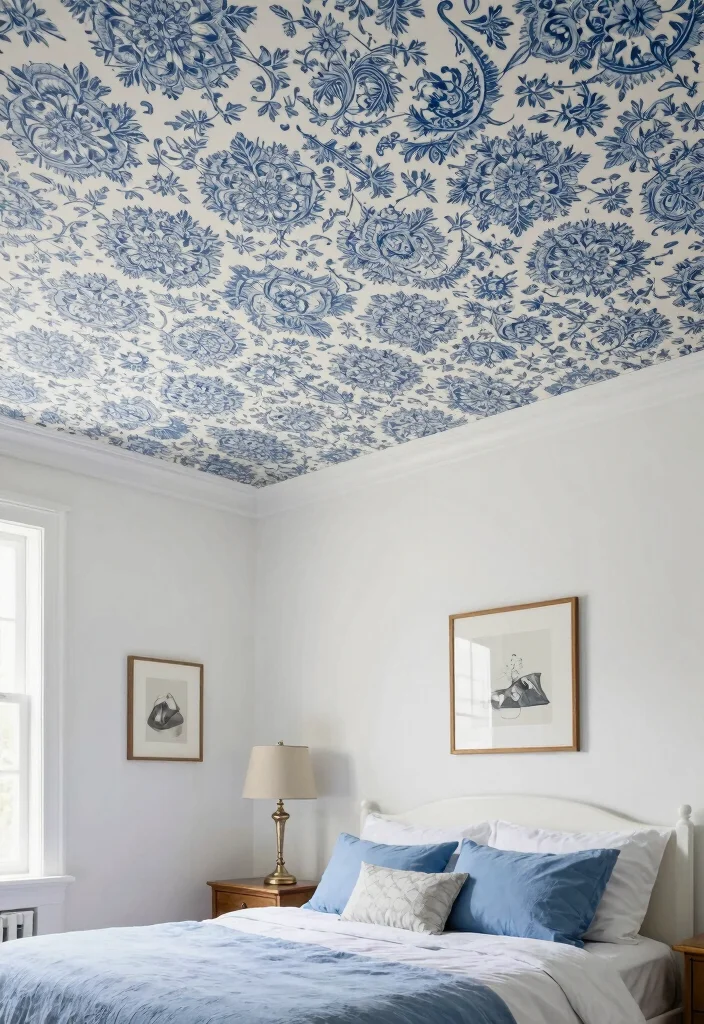 17 Wallpaper on Ceiling Bedroom Ideas: Bold Design Statement - 12. Classic Blue and White 1